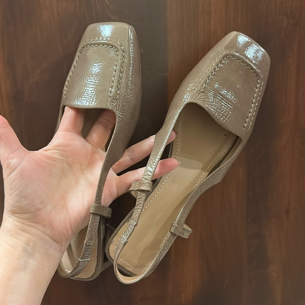 Mansur Gavriel genuine patent leather mules,taupe, 37 us7